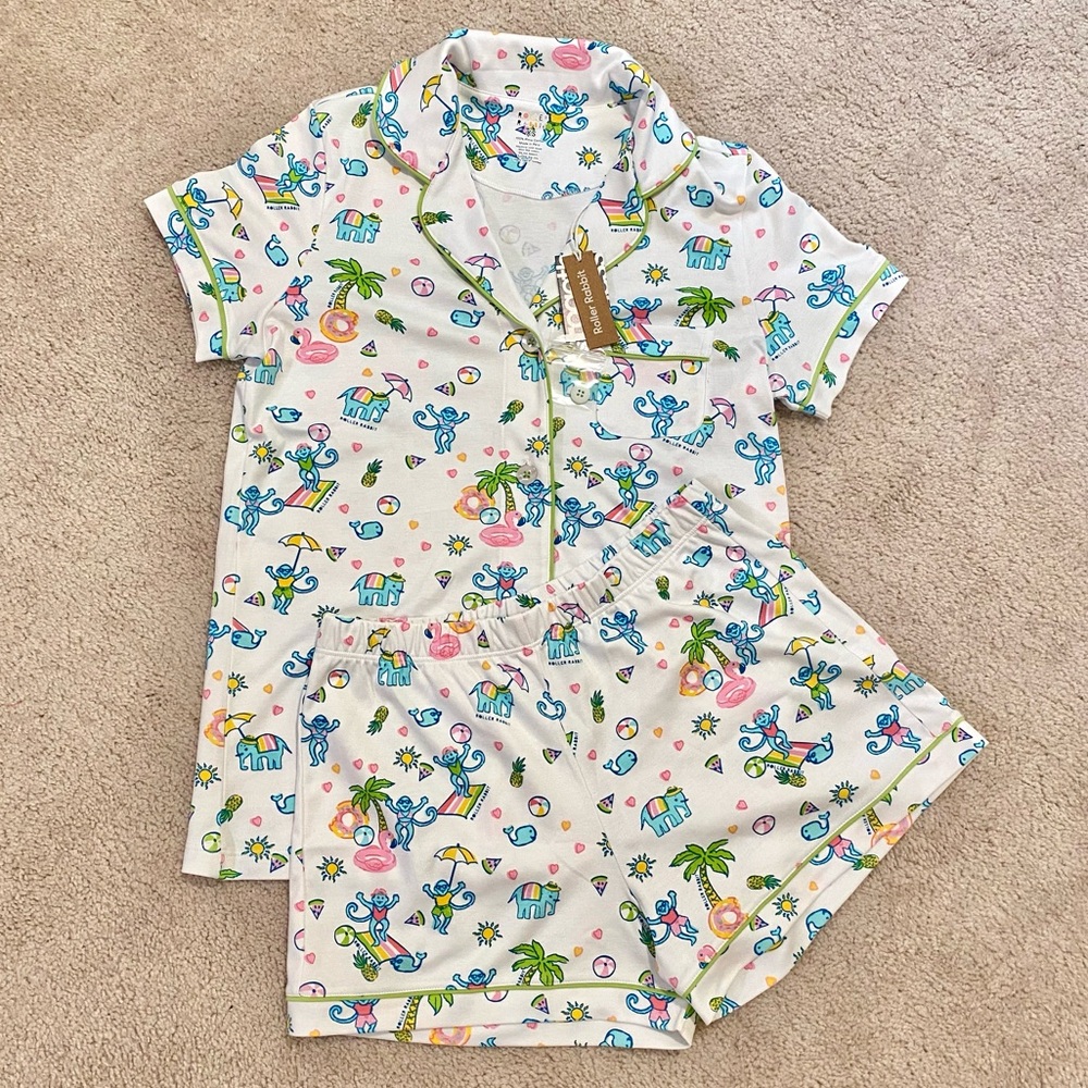 NWT Roller Rabbit Pool Party Polo Pajamas White Blue Size X-Small XS Brand New